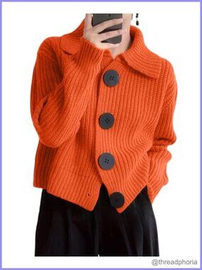 Cropped Button Down Cardigan Chunky Knit Long Sleeve Work Casual Sweater
